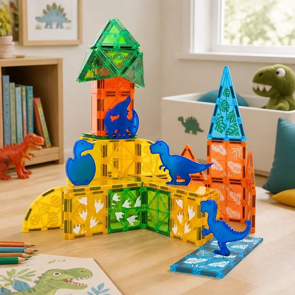 Magnetic Building Blocks Multi-colour 60 Pieces Dinosaur Theme STEM Learning