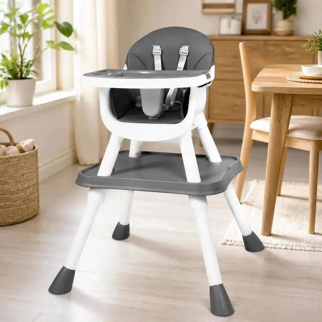 Baby High Chair Grey 8-In-1 Convertible Feeding Dining Seat with Dual-Sided Tabletop and Five-Point Safety Harness