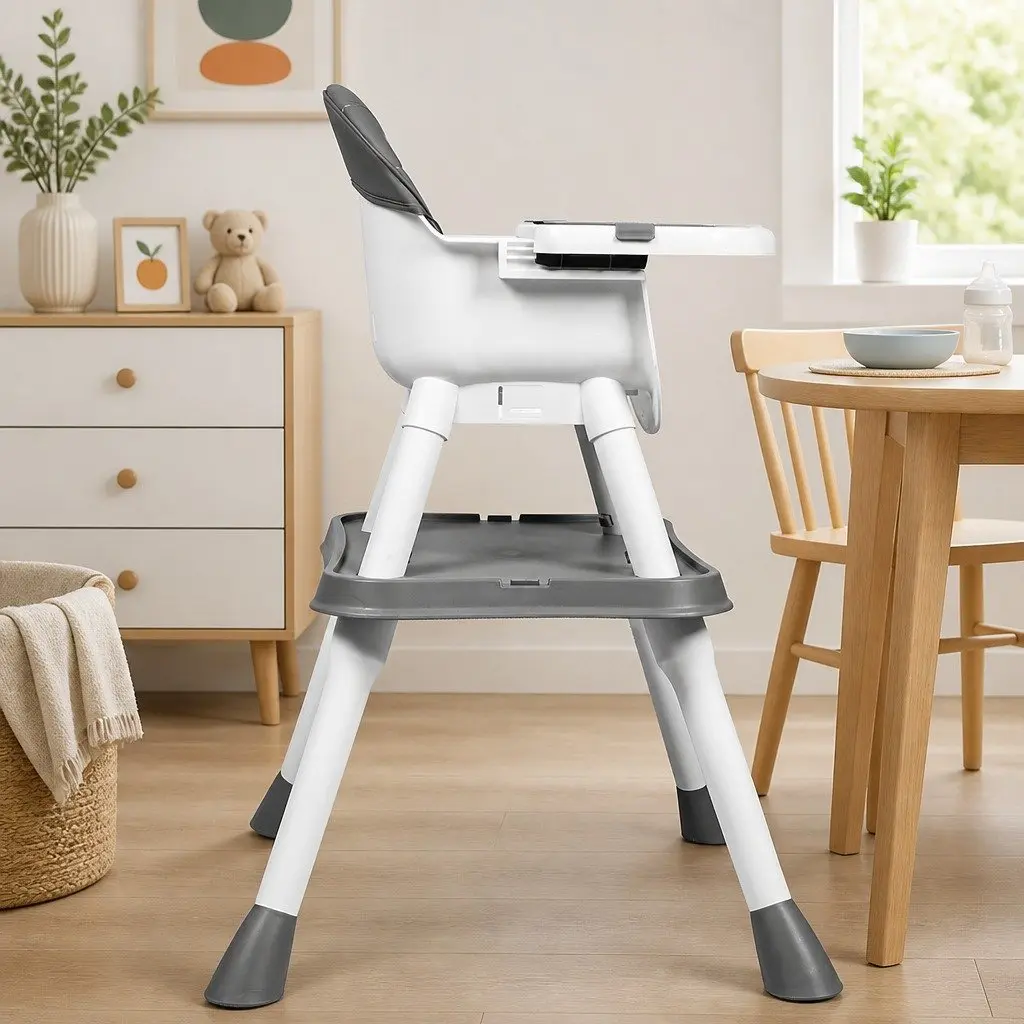 Baby High Chair Grey 8-In-1 Convertible Feeding Dining Seat with Dual-Sided Tabletop and Five-Point Safety Harness