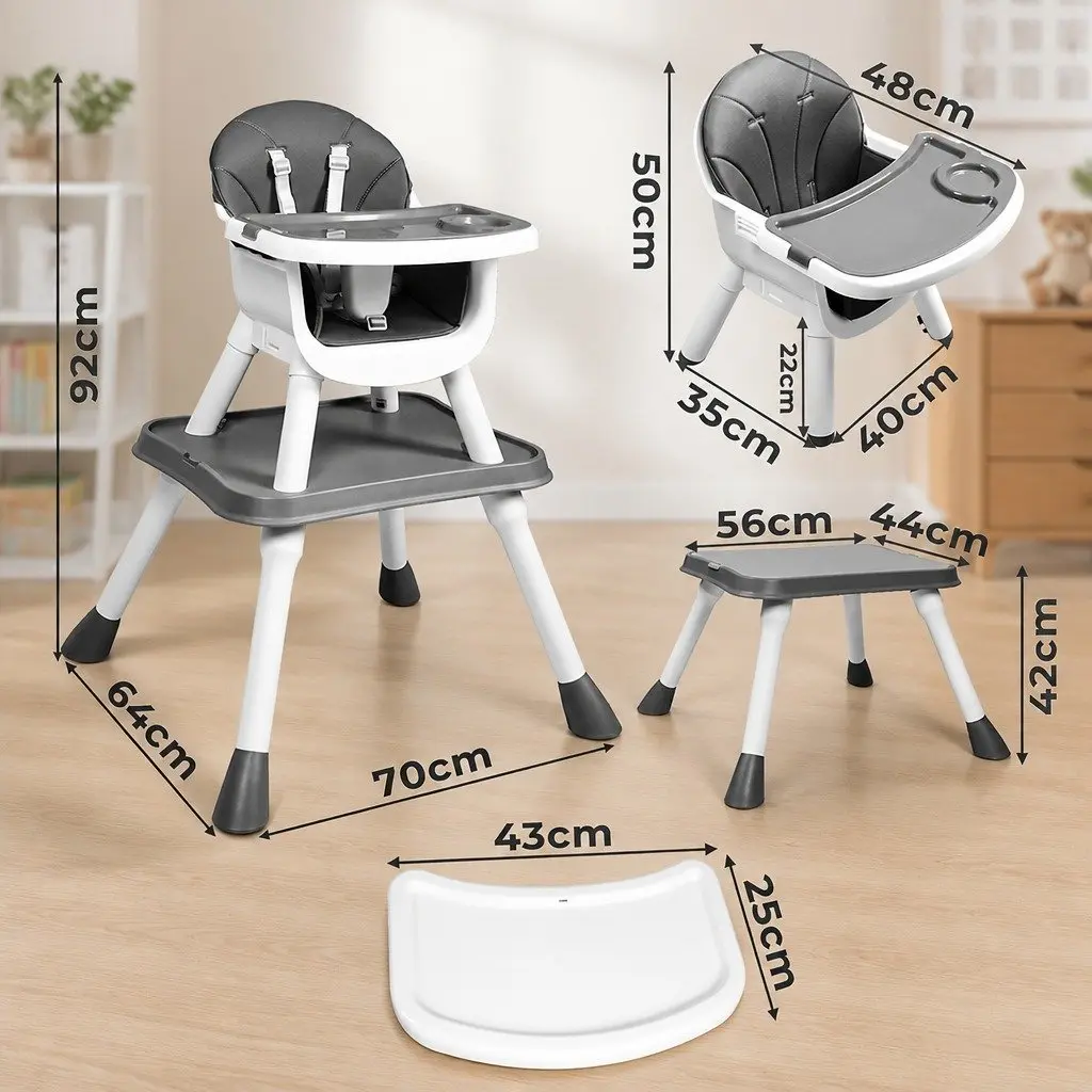 Baby High Chair Grey 8-In-1 Convertible Feeding Dining Seat with Dual-Sided Tabletop and Five-Point Safety Harness