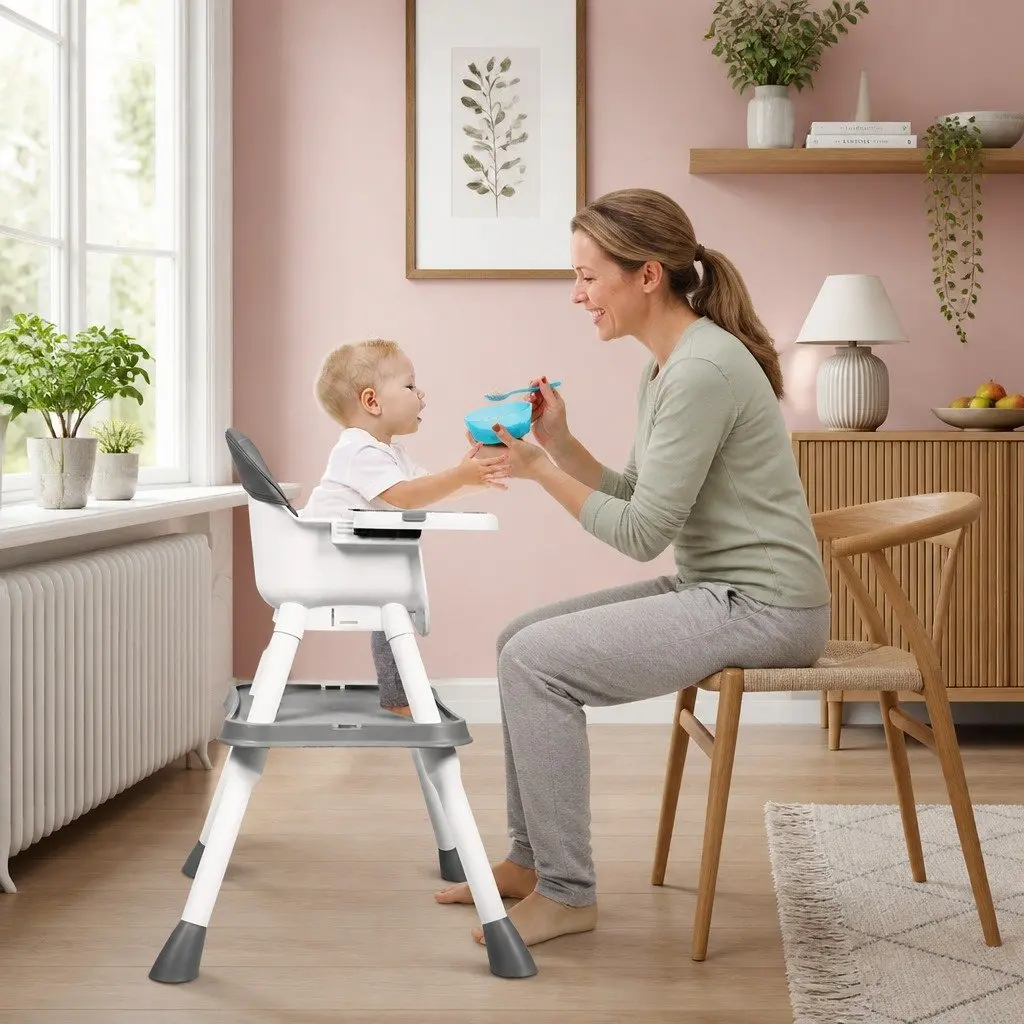 Baby High Chair Grey 8-In-1 Convertible Feeding Dining Seat with Dual-Sided Tabletop and Five-Point Safety Harness