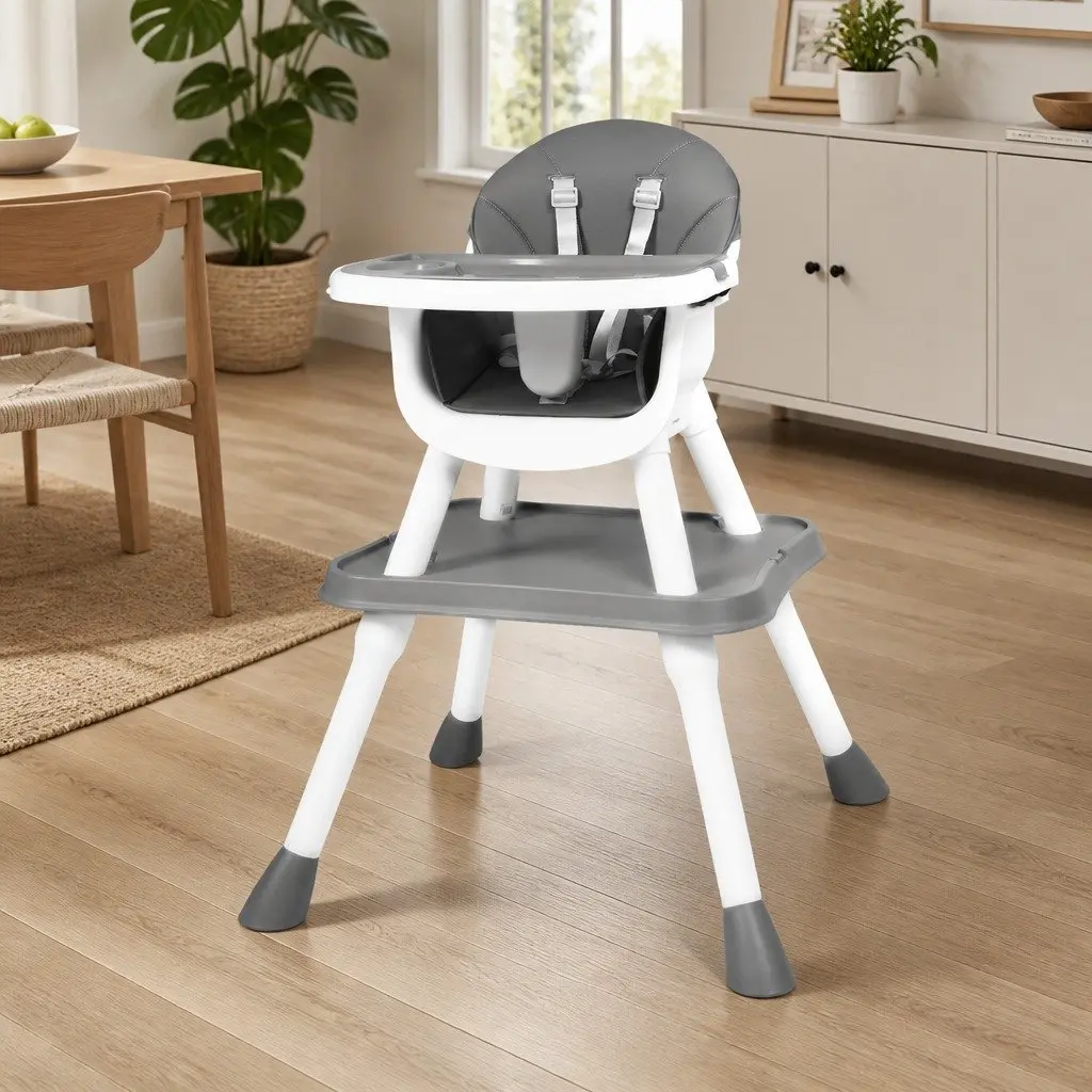 Baby High Chair Grey 8-In-1 Convertible Feeding Dining Seat with Dual-Sided Tabletop and Five-Point Safety Harness