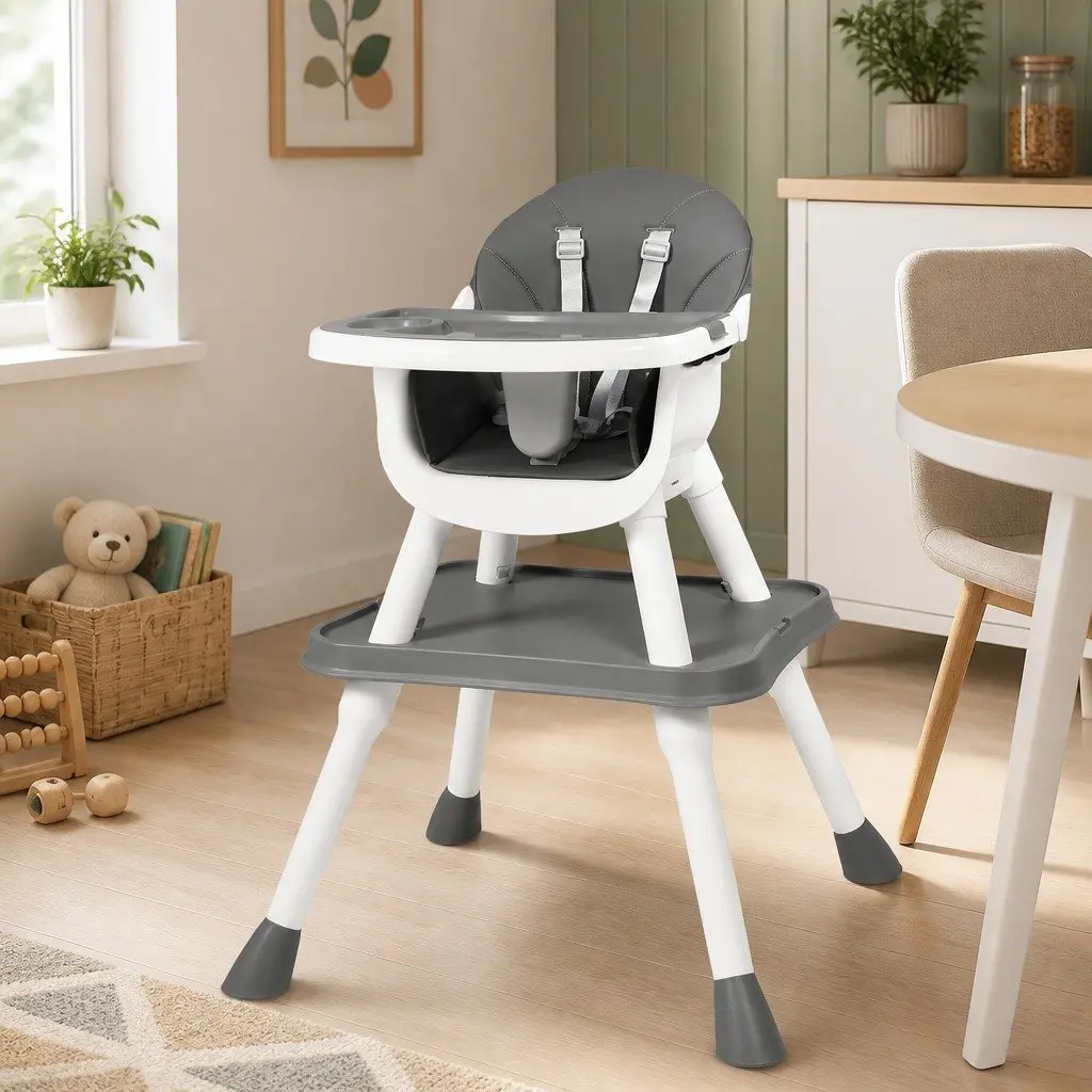 Baby High Chair Grey 8-In-1 Convertible Feeding Dining Seat with Dual-Sided Tabletop and Five-Point Safety Harness
