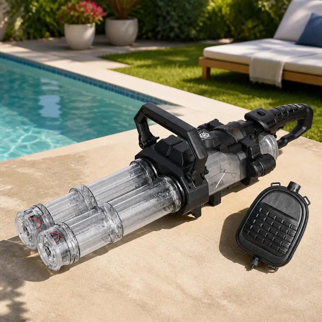 Electric Water Gun Transparent Black Kids 70cm Automatic Dual-Barrel with LED Lights and Backpack
