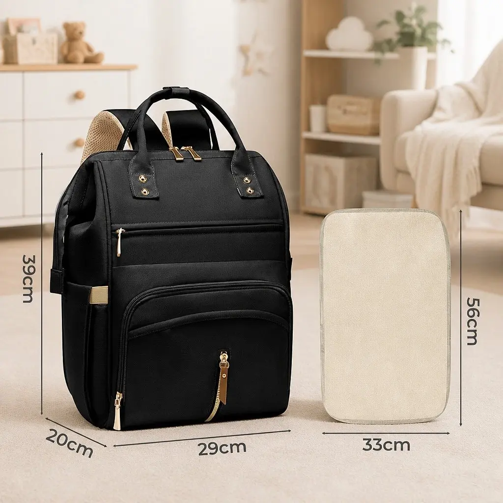 Mummy Backpack Black 28cm W x 18cm D x 40cm H Multifunctional Diaper Bag with Changing Pad Organizer
