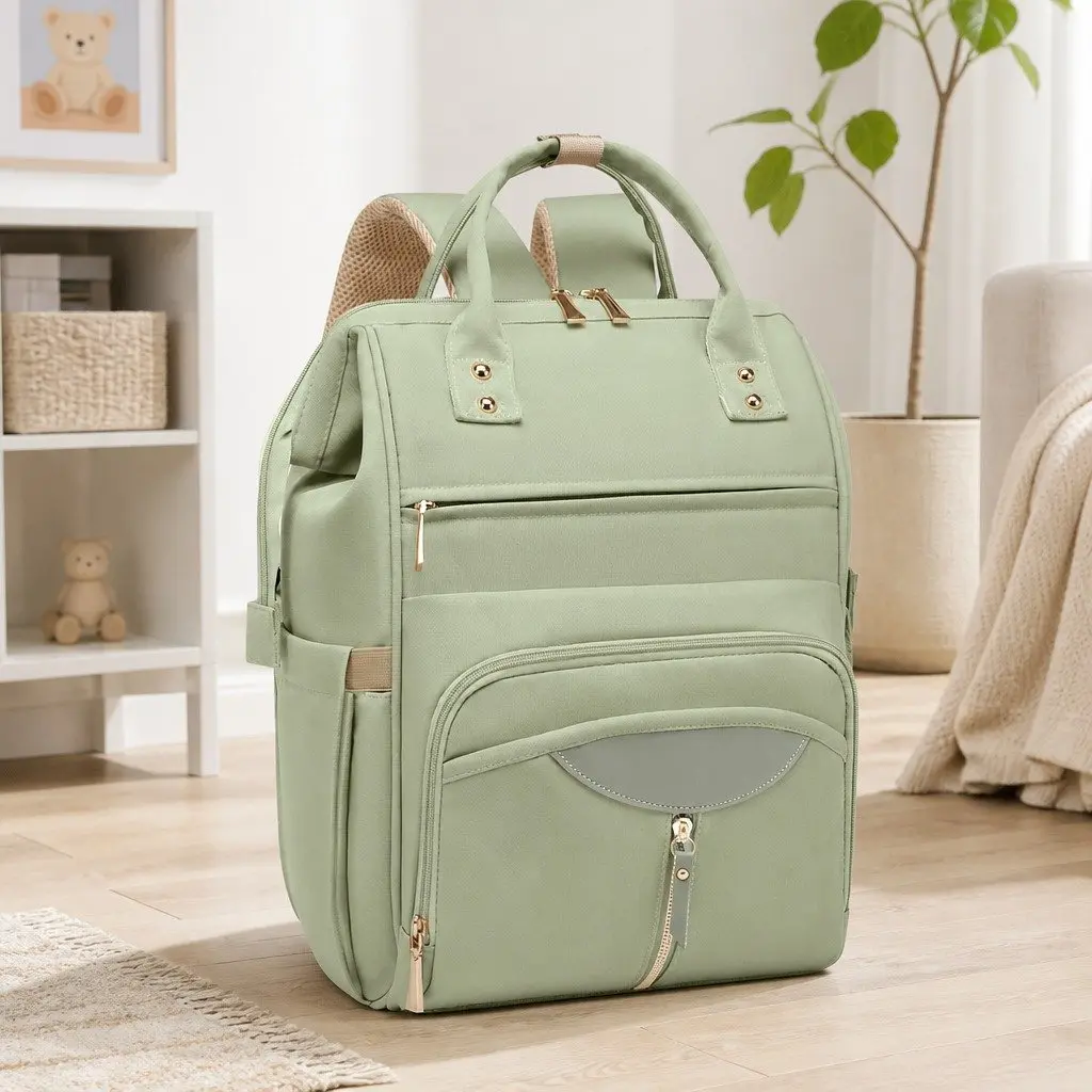 Mummy Backpack Green Waterproof Diaper Bag Baby Travel Changing Pad Organizer