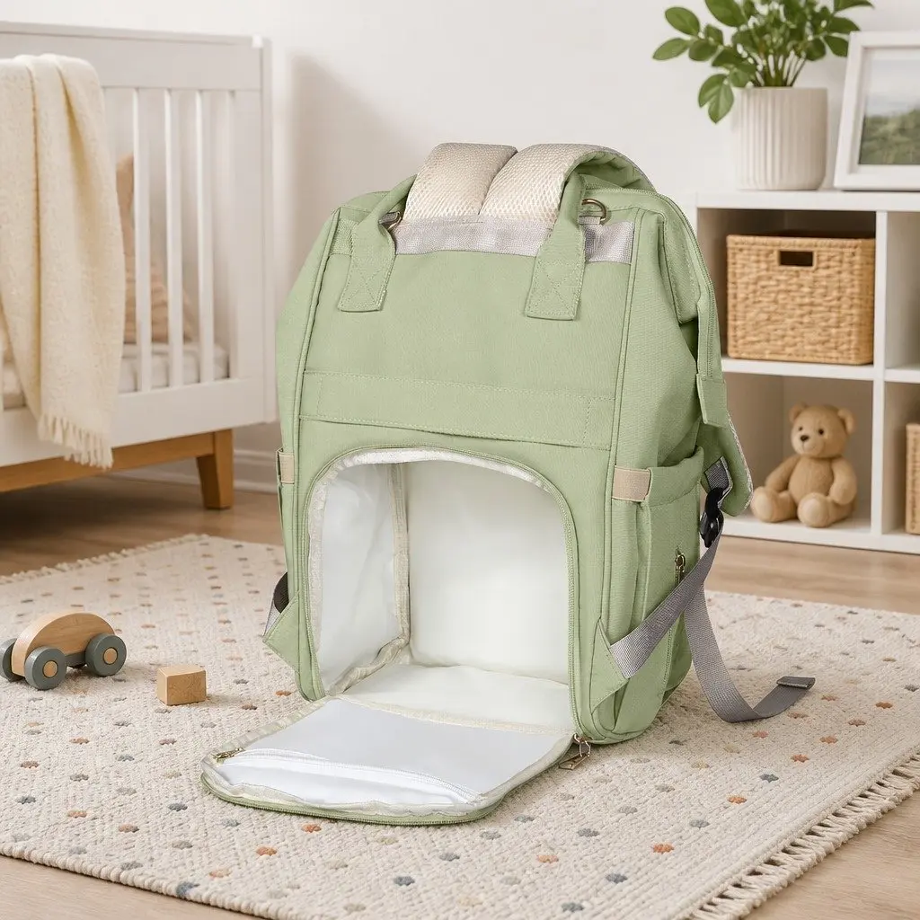 Mummy Backpack Green Waterproof Diaper Bag Baby Travel Changing Pad Organizer