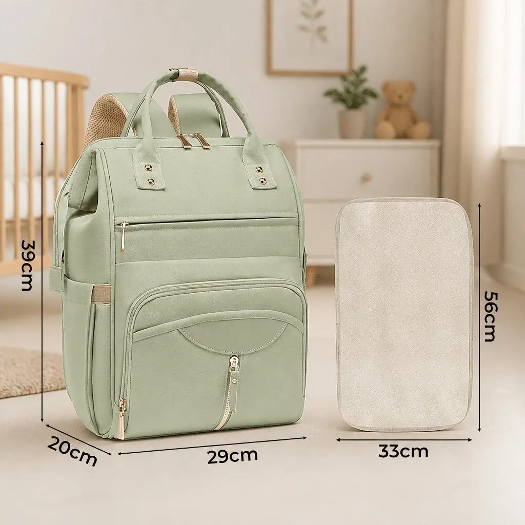 Mummy Backpack Green Waterproof Diaper Bag Baby Travel Changing Pad Organizer