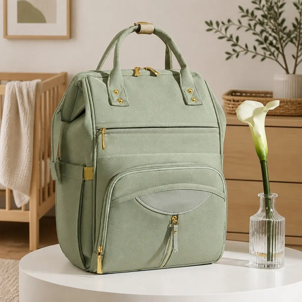 Mummy Backpack Green Waterproof Diaper Bag Baby Travel Changing Pad Organizer