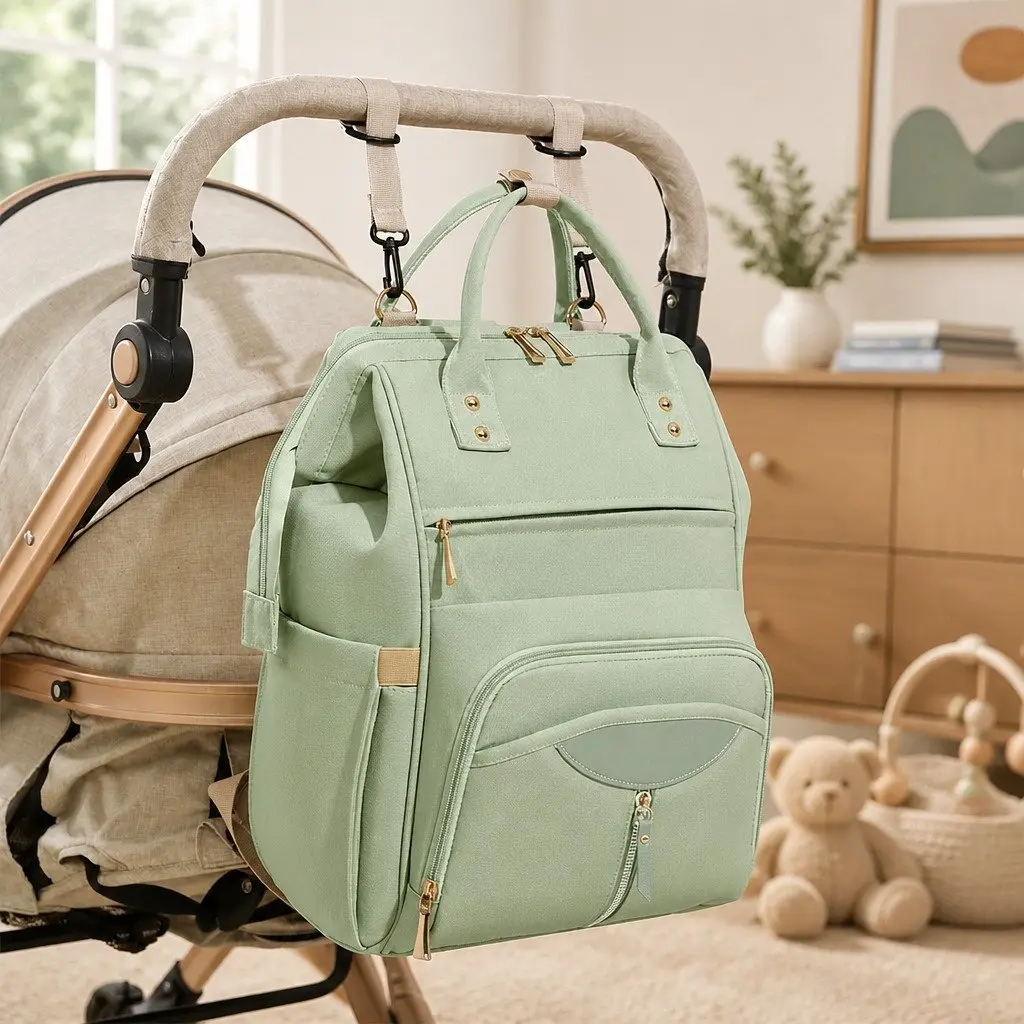Mummy Backpack Green Waterproof Diaper Bag Baby Travel Changing Pad Organizer
