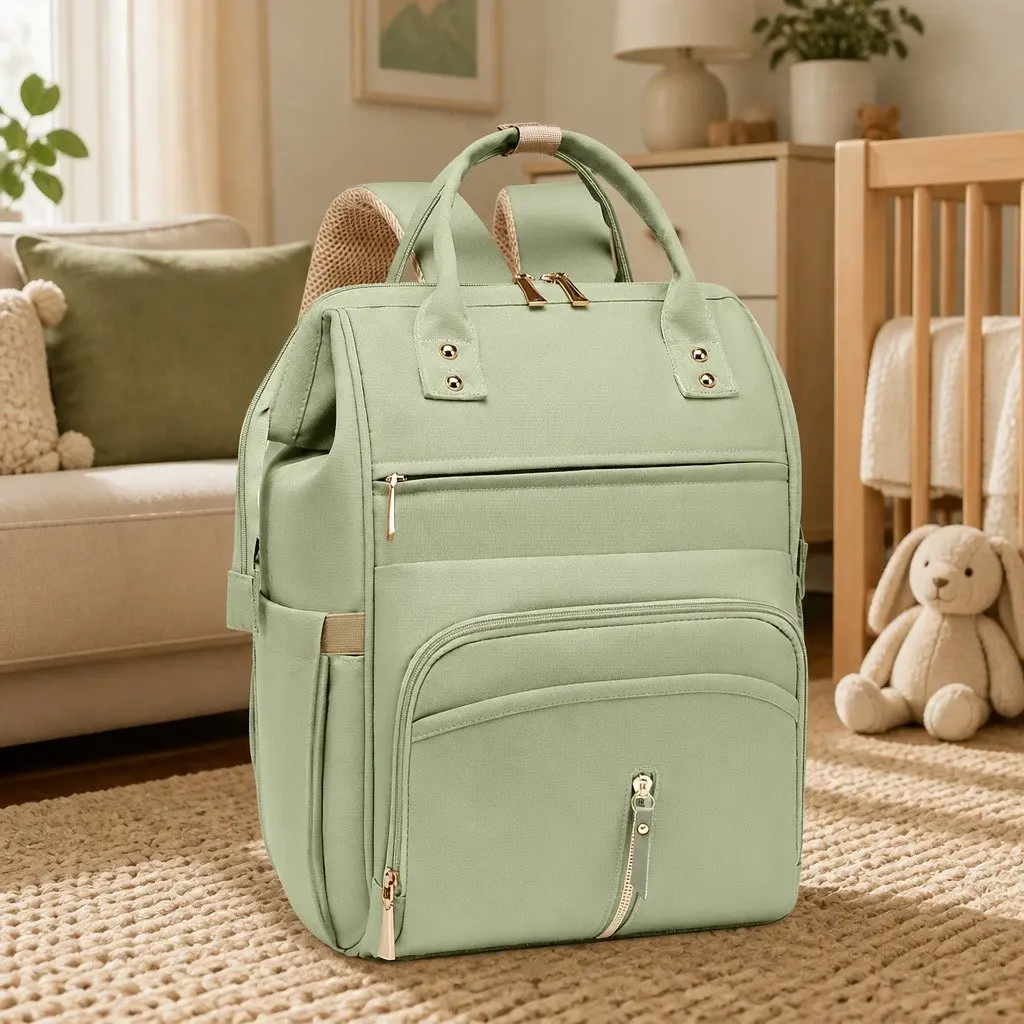 Mummy Backpack Green Waterproof Diaper Bag Baby Travel Changing Pad Organizer