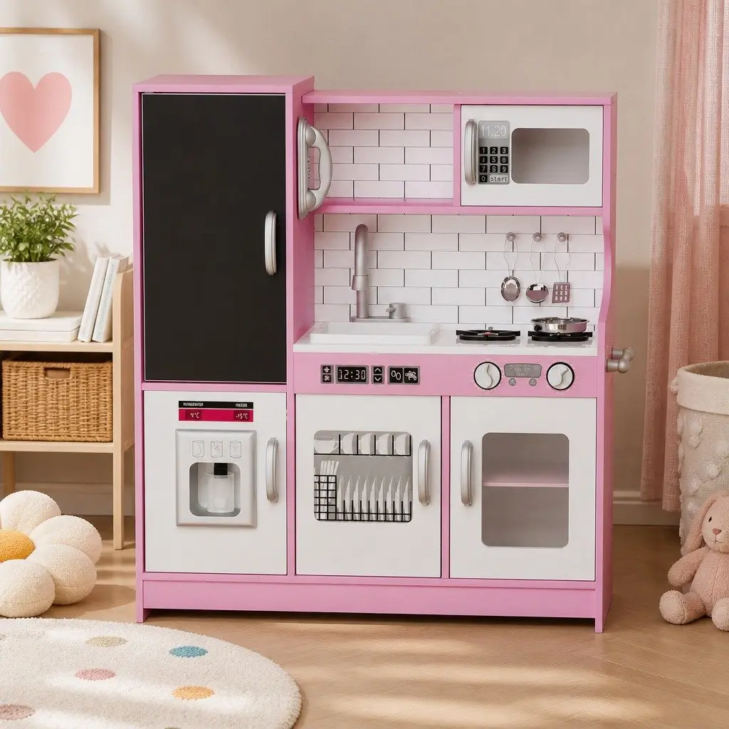 Wooden Kitchen Set Pink 75cm Interactive Pretend Play Cooking Toy with Microwave Oven Sink Stove
