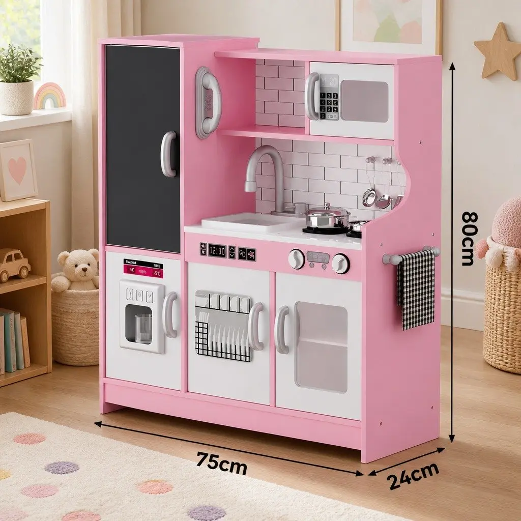 Wooden Kitchen Set Pink 75cm Interactive Pretend Play Cooking Toy with Microwave Oven Sink Stove