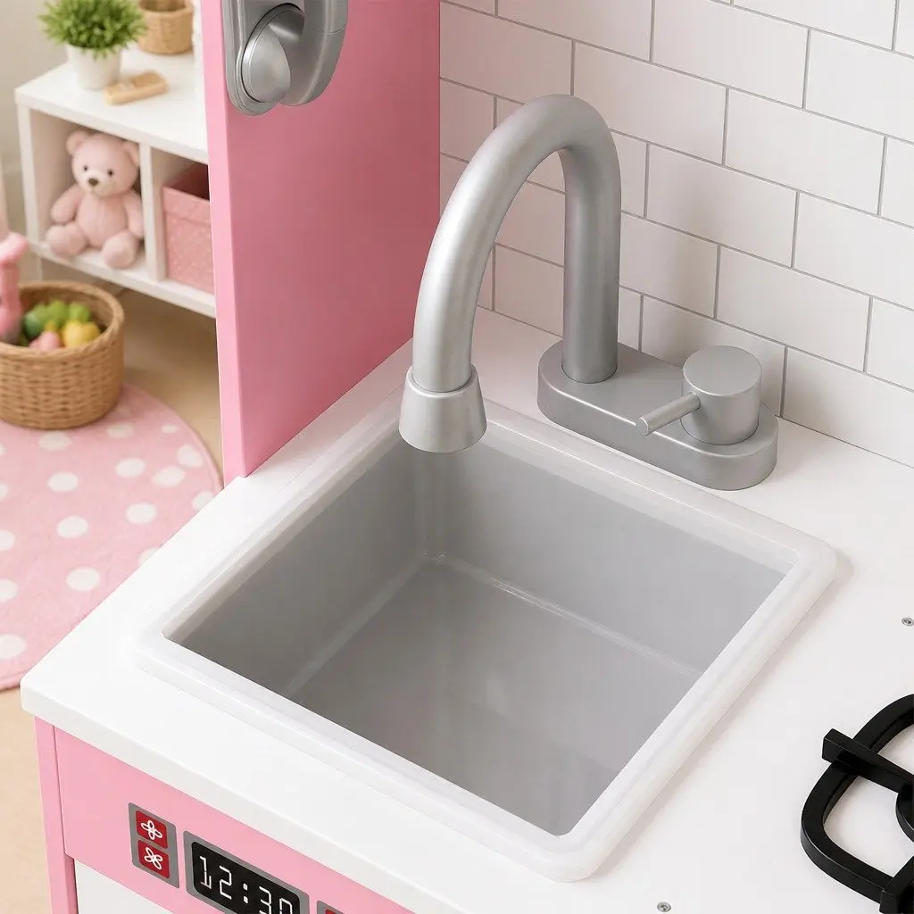Wooden Kitchen Set Pink 75cm Interactive Pretend Play Cooking Toy with Microwave Oven Sink Stove