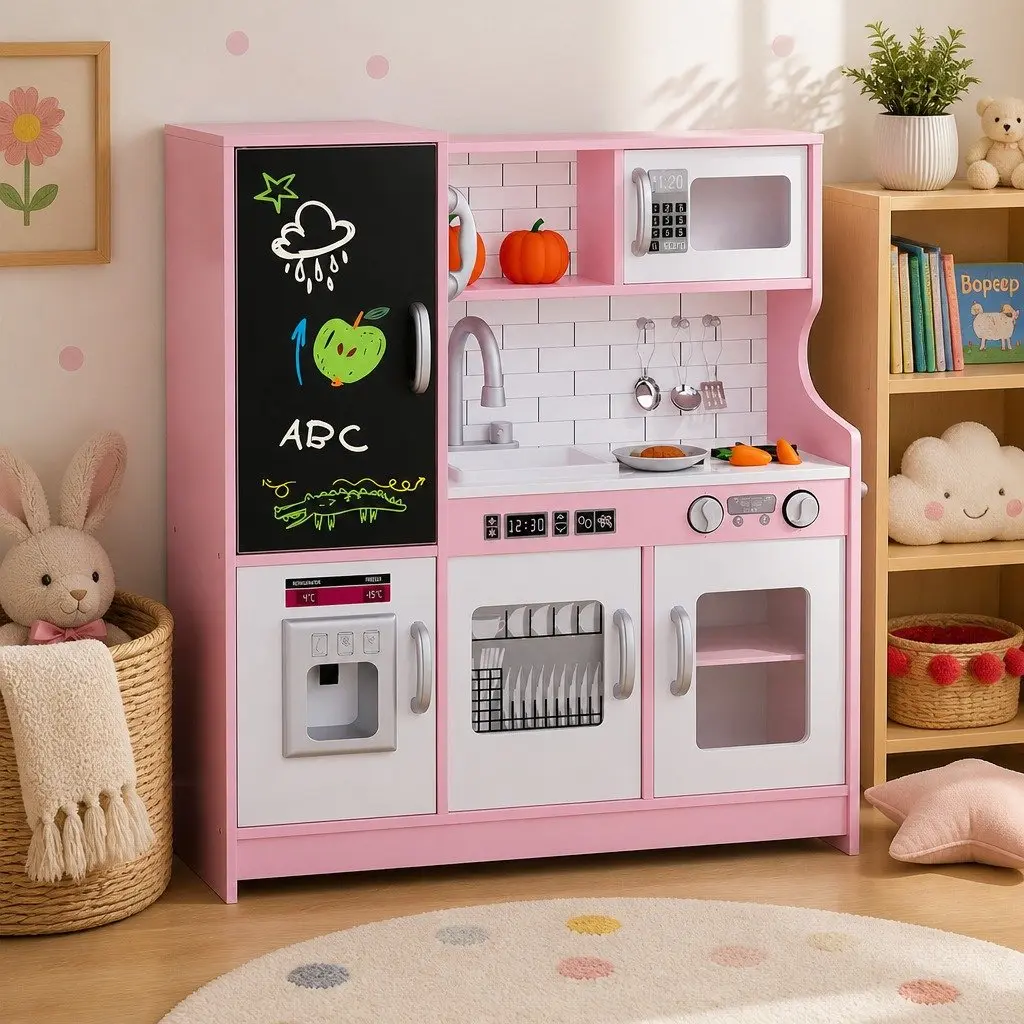 Wooden Kitchen Set Pink 75cm Interactive Pretend Play Cooking Toy with Microwave Oven Sink Stove