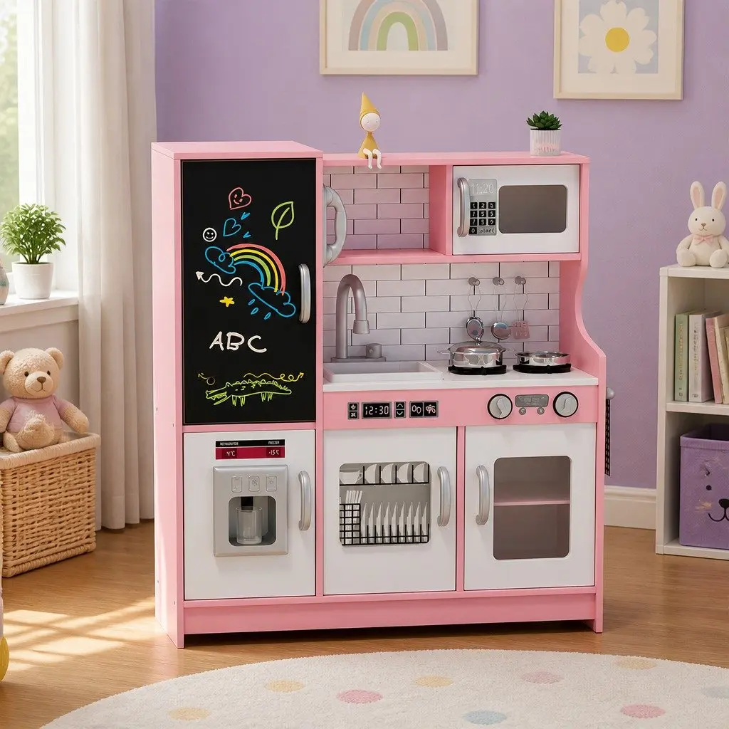 Wooden Kitchen Set Pink 75cm Interactive Pretend Play Cooking Toy with Microwave Oven Sink Stove