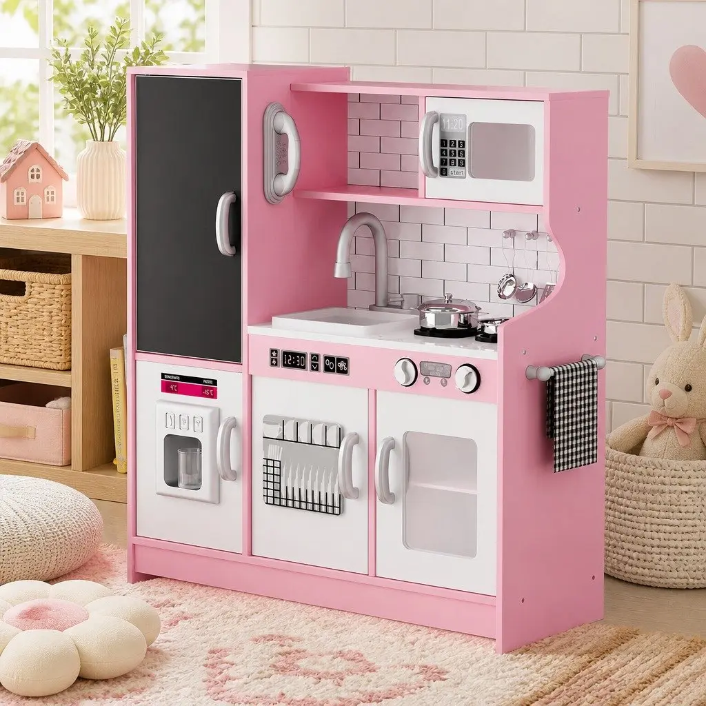 Wooden Kitchen Set Pink 75cm Interactive Pretend Play Cooking Toy with Microwave Oven Sink Stove