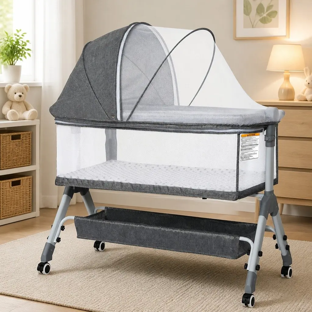 Baby Bassinet Grey Portable Adjustable Co-Sleeper Bedside with Wheels