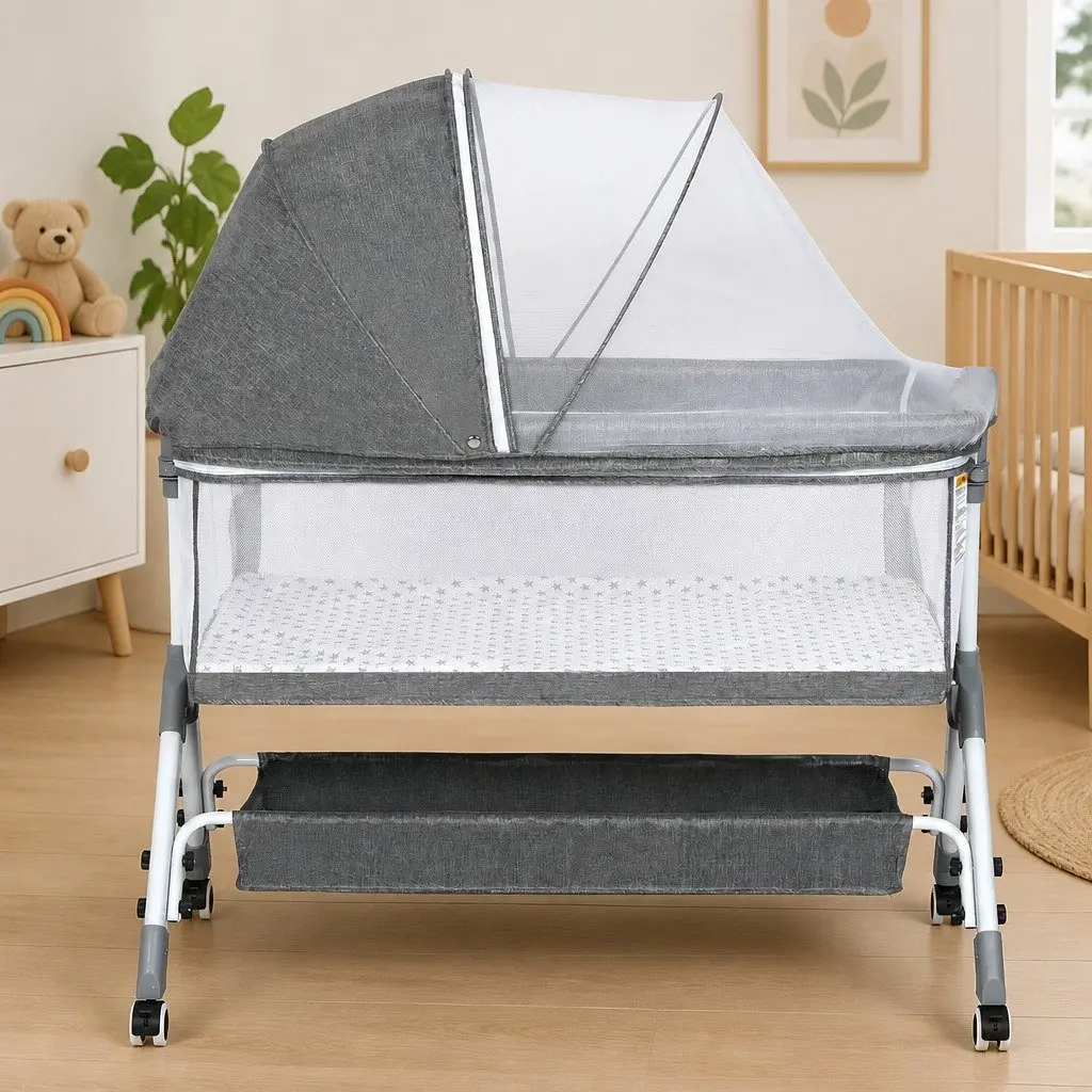 Baby Bassinet Grey Portable Adjustable Co-Sleeper Bedside with Wheels
