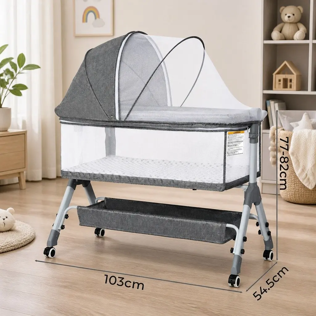 Baby Bassinet Grey Portable Adjustable Co-Sleeper Bedside with Wheels