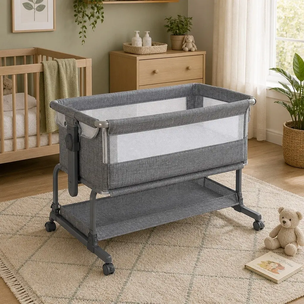 Baby Bassinet Grey Portable Adjustable Co-Sleeper Bedside with Wheels