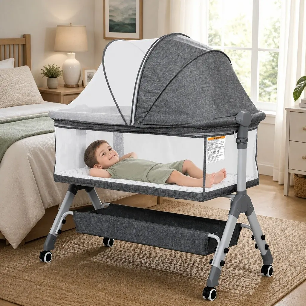 Baby Bassinet Grey Portable Adjustable Co-Sleeper Bedside with Wheels