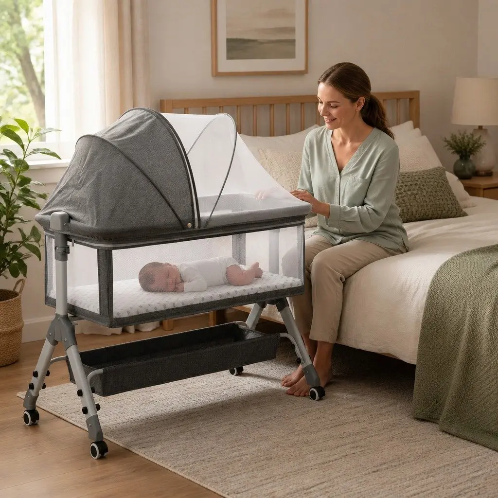 Baby Bassinet Grey Portable Adjustable Co-Sleeper Bedside with Wheels