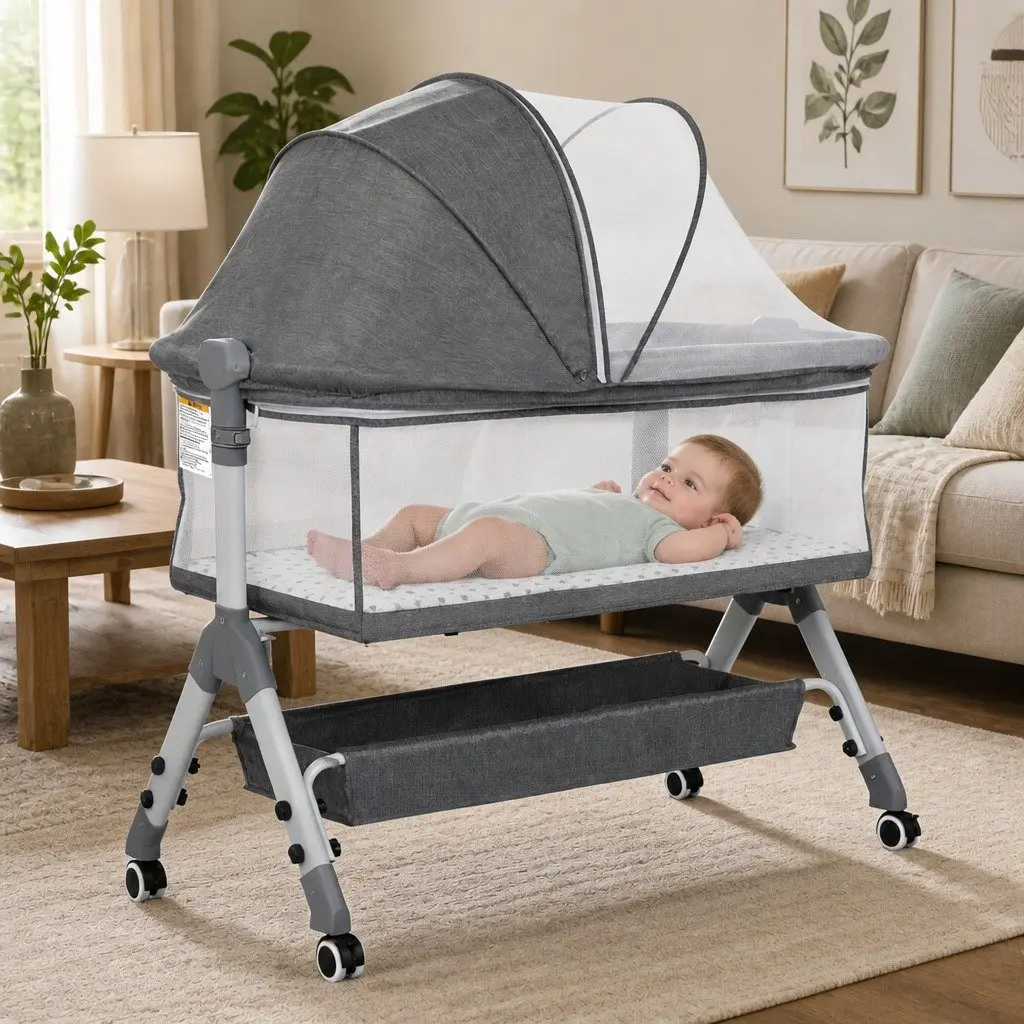Baby Bassinet Grey Portable Adjustable Co-Sleeper Bedside with Wheels