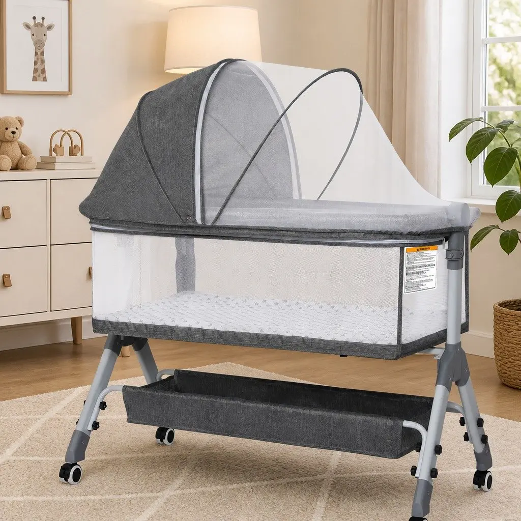 Baby Bassinet Grey Portable Adjustable Co-Sleeper Bedside with Wheels