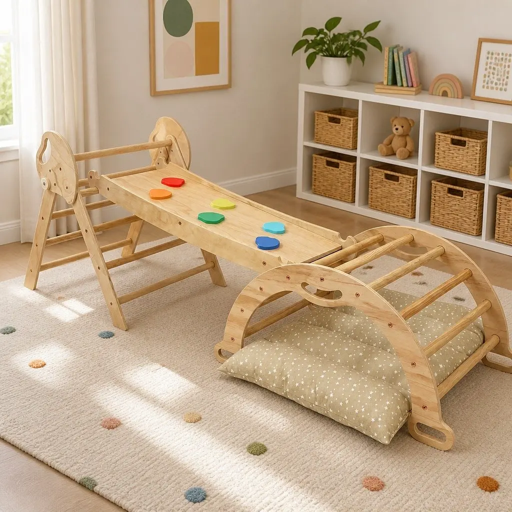 Kids Climbing Toy Set Natural Wooden 8-in-1 Play Frame with Triangle Arch Climber Slide Rocker and Cushion Mat for Indoor Play