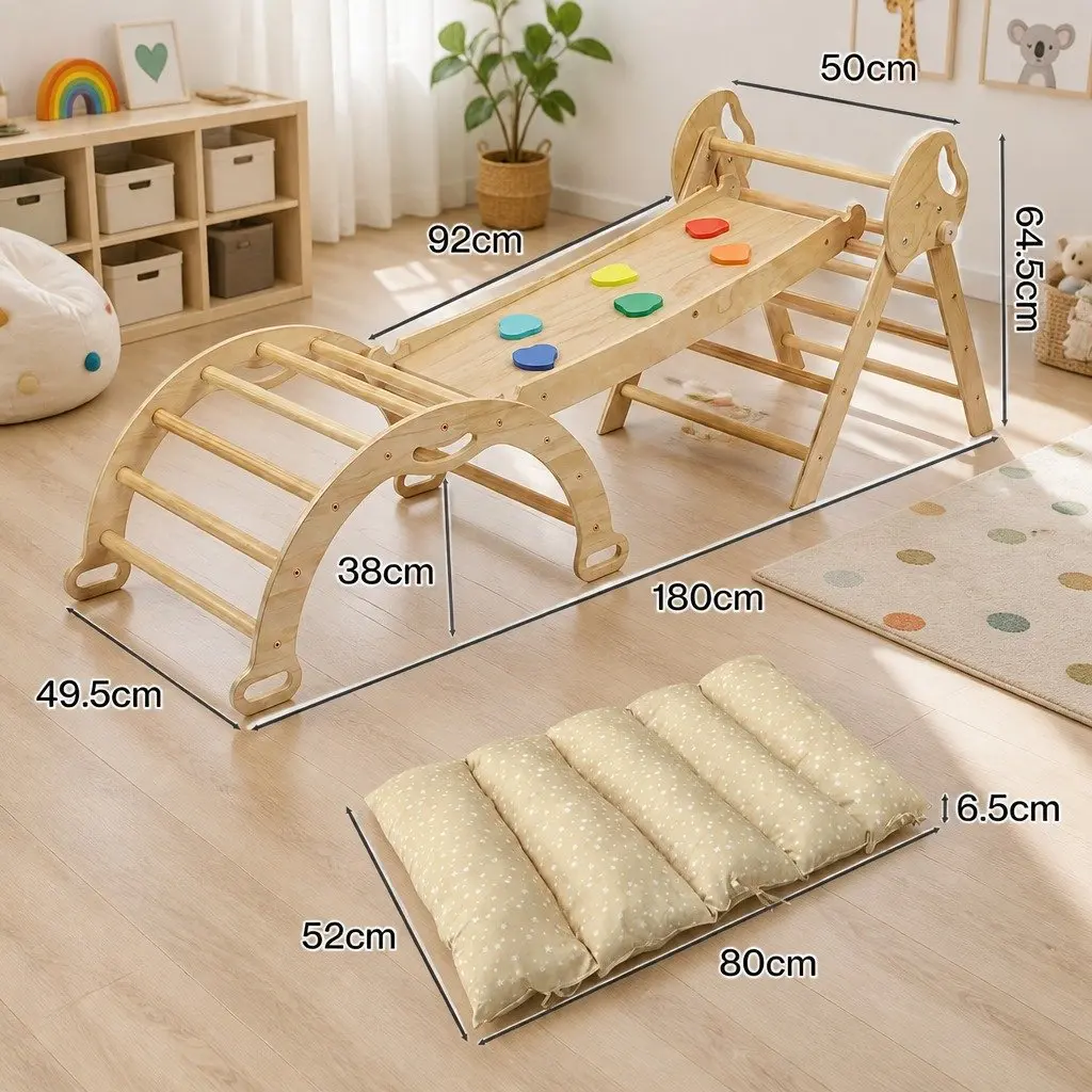 Kids Climbing Toy Set Natural Wooden 8-in-1 Play Frame with Triangle Arch Climber Slide Rocker and Cushion Mat for Indoor Play
