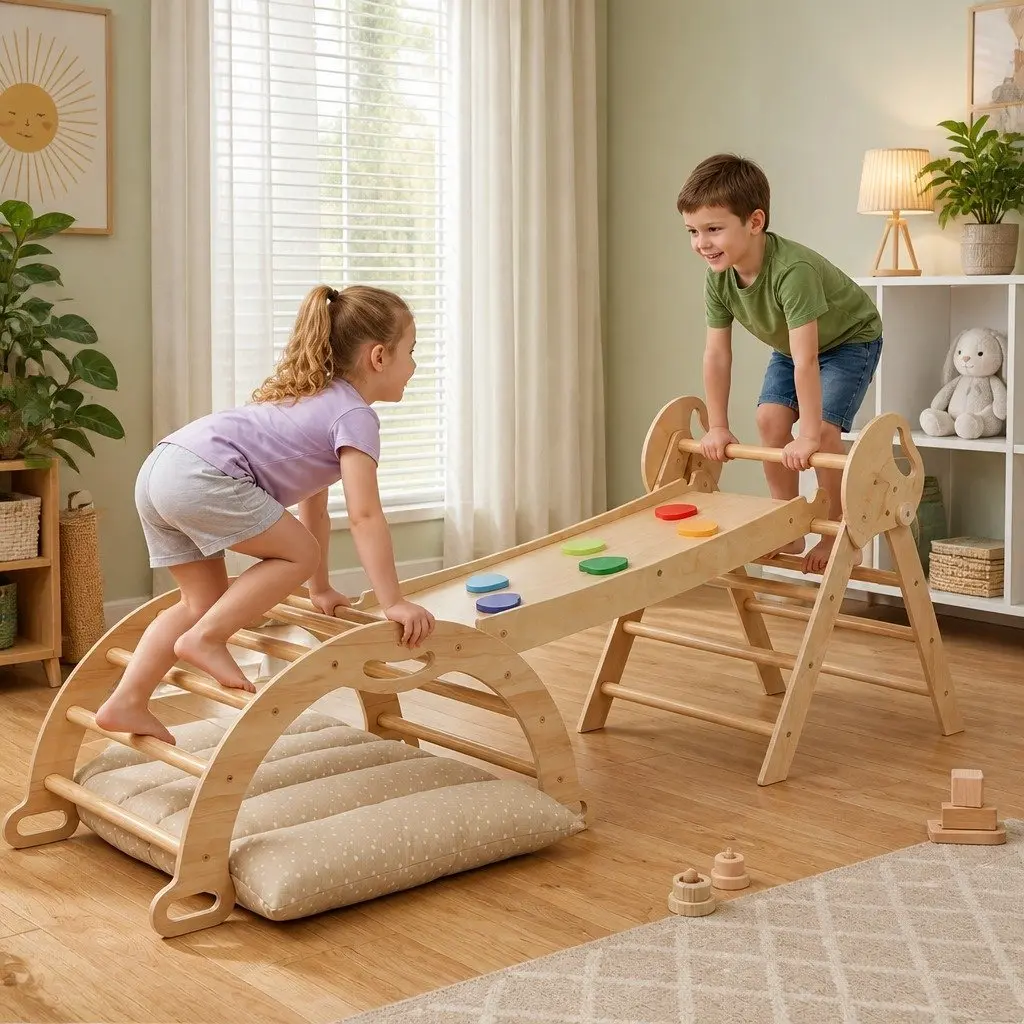 Kids Climbing Toy Set Natural Wooden 8-in-1 Play Frame with Triangle Arch Climber Slide Rocker and Cushion Mat for Indoor Play