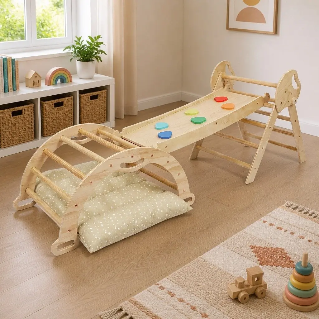 Kids Climbing Toy Set Natural Wooden 8-in-1 Play Frame with Triangle Arch Climber Slide Rocker and Cushion Mat for Indoor Play