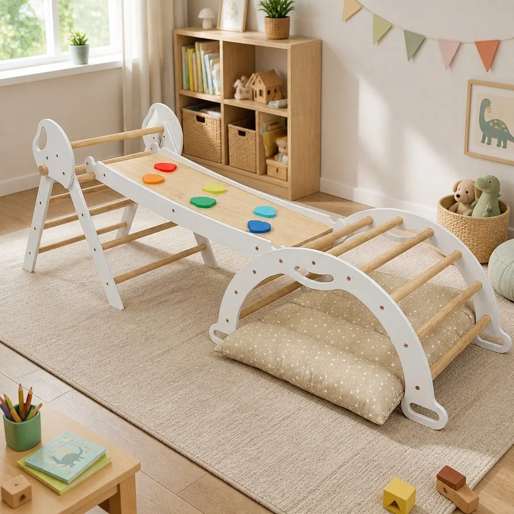 Kids Climbing Toy Set White 8-in-1 Indoor Play Frame with Triangle Climber Reversible Slide and Arch Rocker