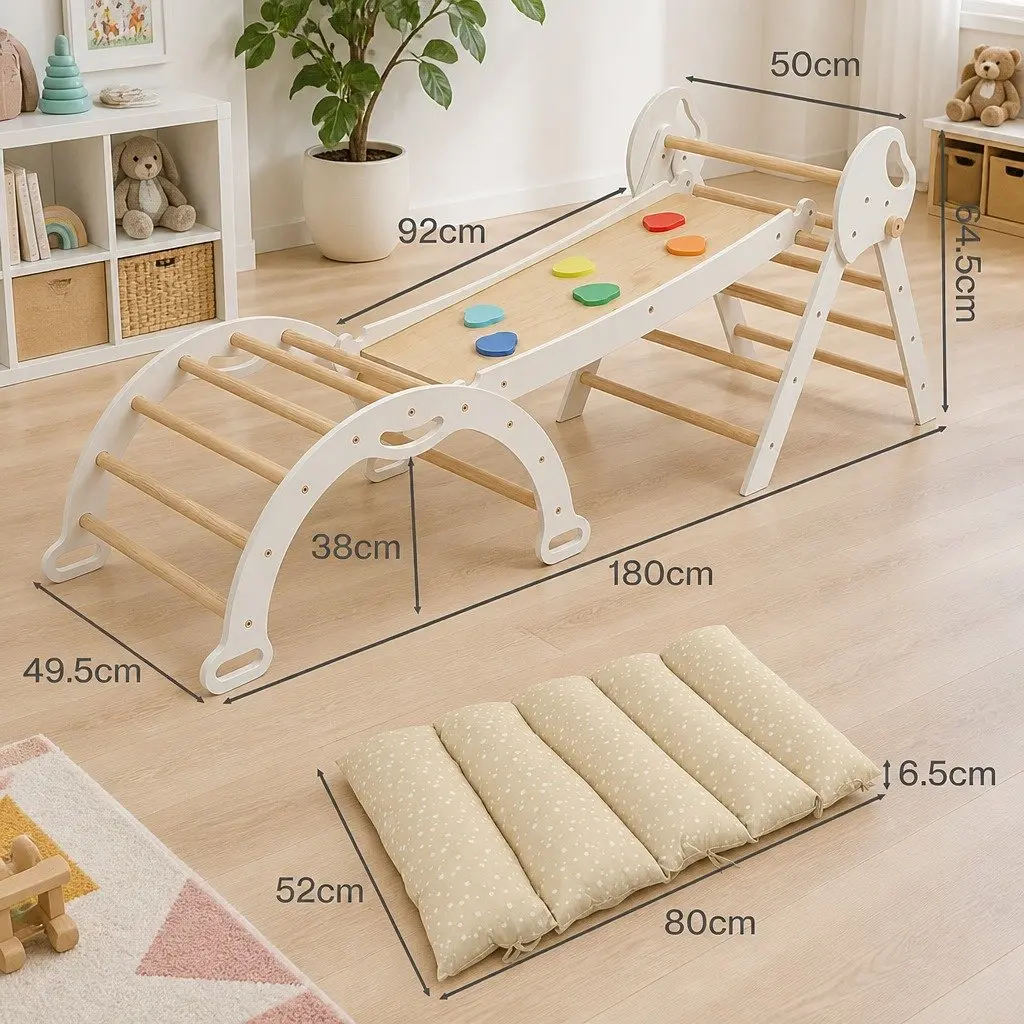Kids Climbing Toy Set White 8-in-1 Indoor Play Frame with Triangle Climber Reversible Slide and Arch Rocker