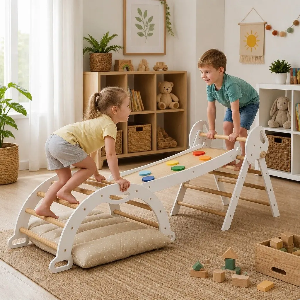 Kids Climbing Toy Set White 8-in-1 Indoor Play Frame with Triangle Climber Reversible Slide and Arch Rocker