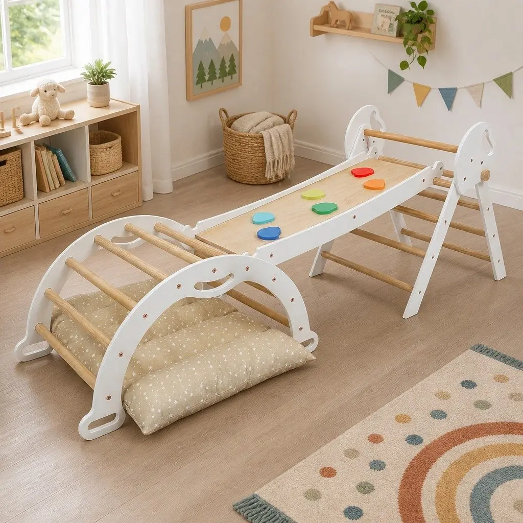 Kids Climbing Toy Set White 8-in-1 Indoor Play Frame with Triangle Climber Reversible Slide and Arch Rocker