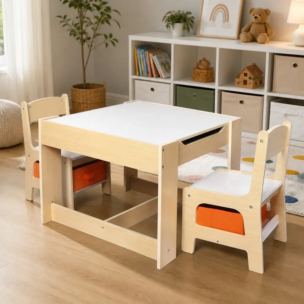 Kids Table and Chair Set White and Natural 60cm Reversible Tabletop with Blackboard and Storage Compartments