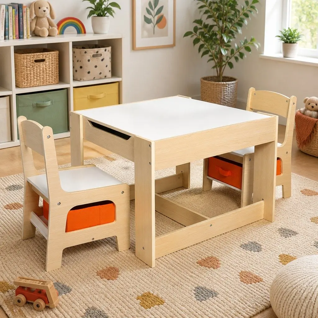 Kids Table and Chair Set White and Natural 60cm Reversible Tabletop with Blackboard and Storage Compartments