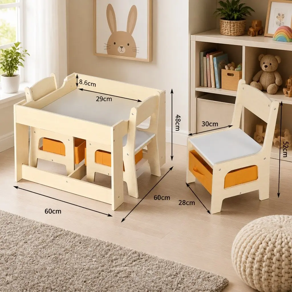 Kids Table and Chair Set White and Natural 60cm Reversible Tabletop with Blackboard and Storage Compartments