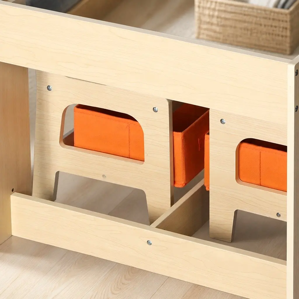 Kids Table and Chair Set White and Natural 60cm Reversible Tabletop with Blackboard and Storage Compartments