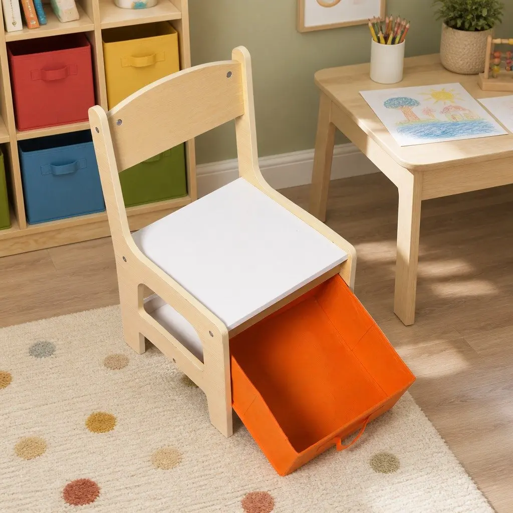 Kids Table and Chair Set White and Natural 60cm Reversible Tabletop with Blackboard and Storage Compartments