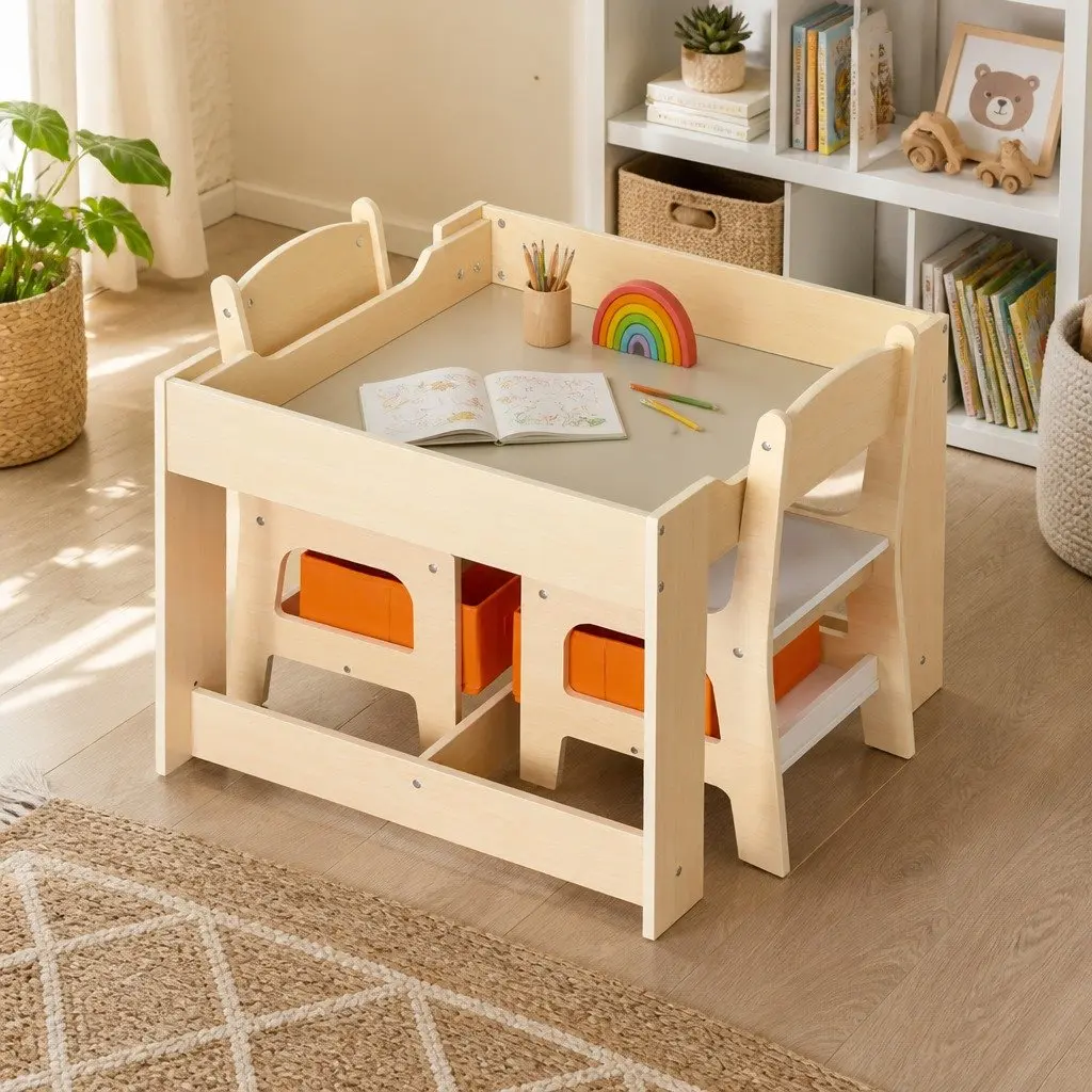 Kids Table and Chair Set White and Natural 60cm Reversible Tabletop with Blackboard and Storage Compartments