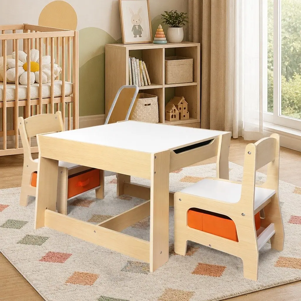 Kids Table and Chair Set White and Natural 60cm Reversible Tabletop with Blackboard and Storage Compartments