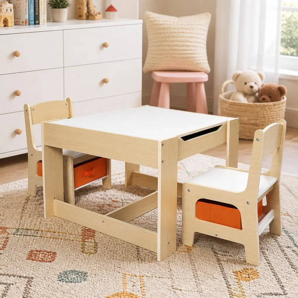 Kids Table and Chair Set White and Natural 60cm Reversible Tabletop with Blackboard and Storage Compartments