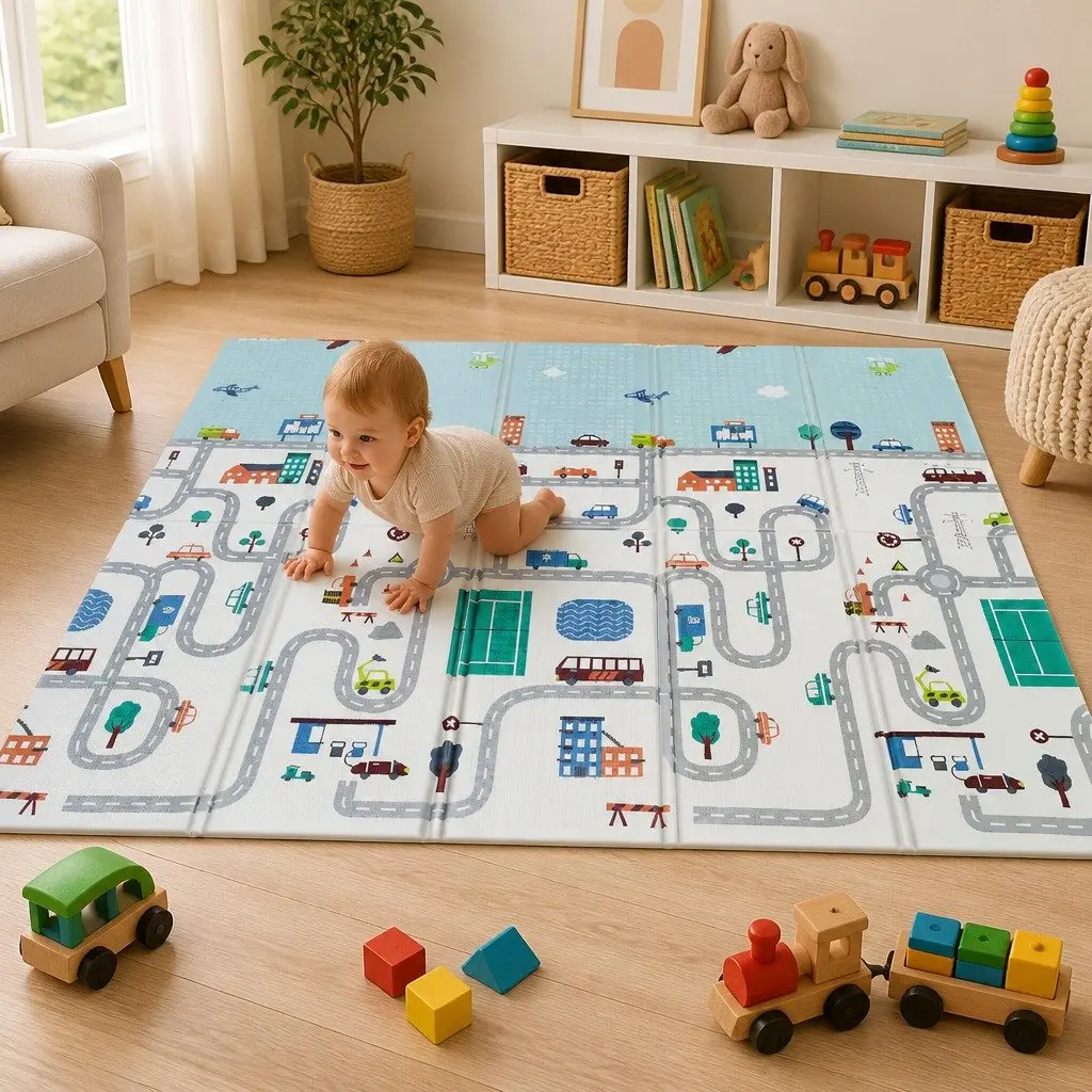 Kids Play Mat Multi-coloured 180cm Double-sided Soft Cushioned Portable Folding