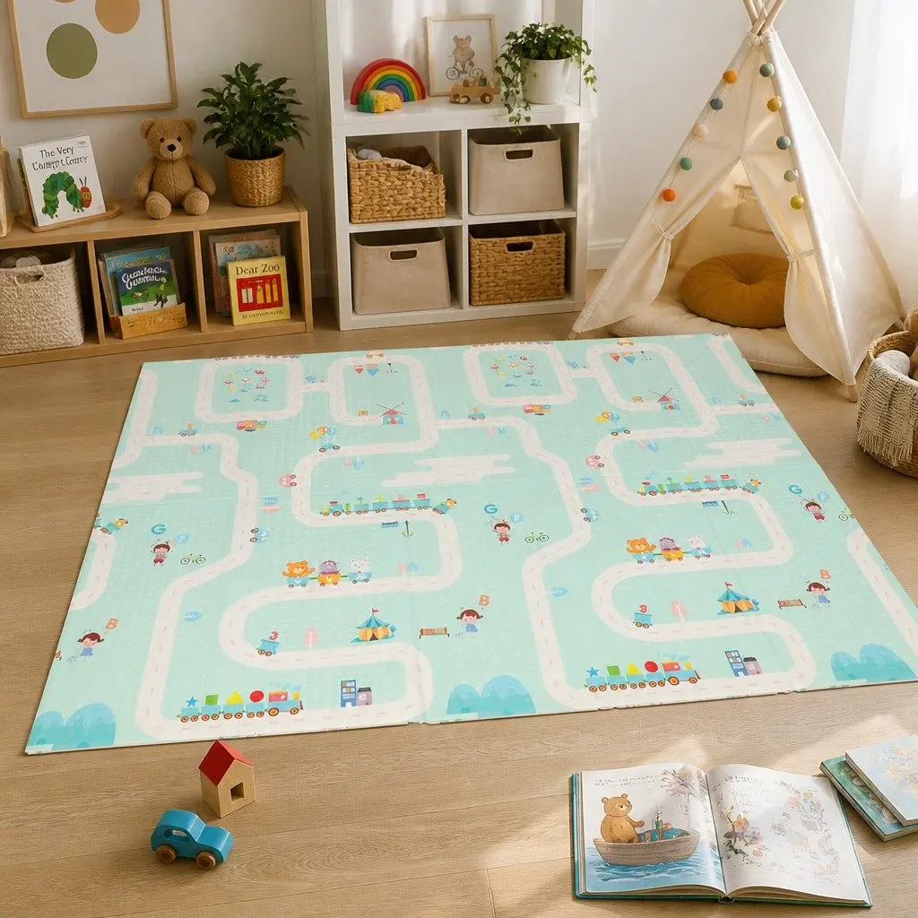 Kids Play Mat Multi-coloured 180cm x 200cm Double-Sided Foldable Activity Mat