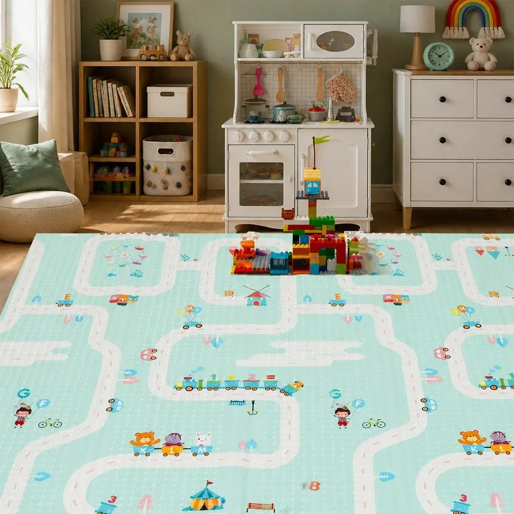 Kids Play Mat Multi-coloured 180cm x 200cm Double-Sided Foldable Activity Mat