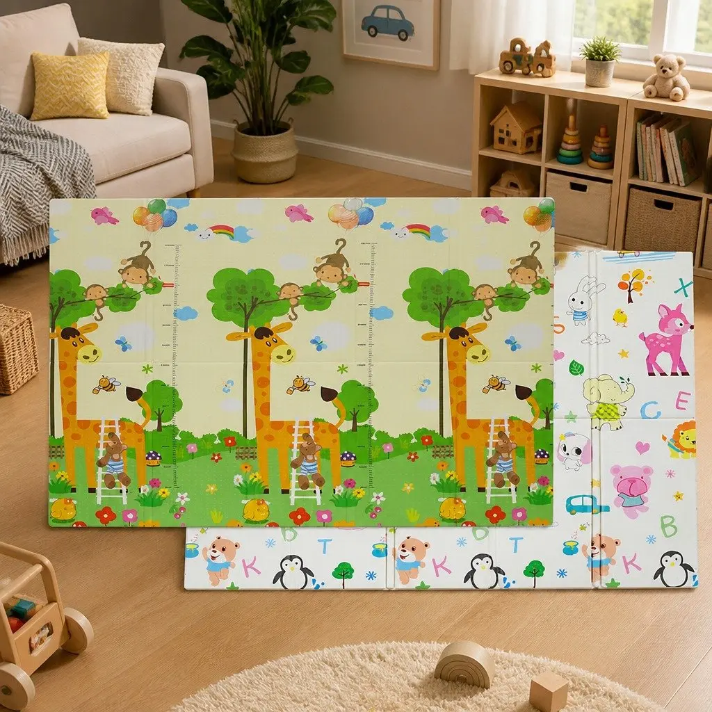 Kids Play Mat Multi-coloured 180cm x 200cm Double-sided Foam Anti-slip Foldable Activity Tummy Time Playmat