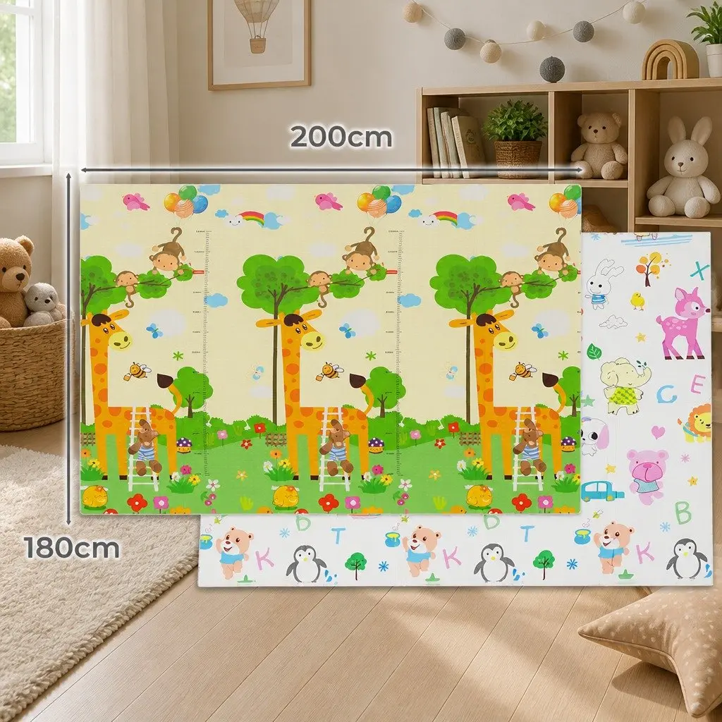 Kids Play Mat Multi-coloured 180cm x 200cm Double-sided Foam Anti-slip Foldable Activity Tummy Time Playmat